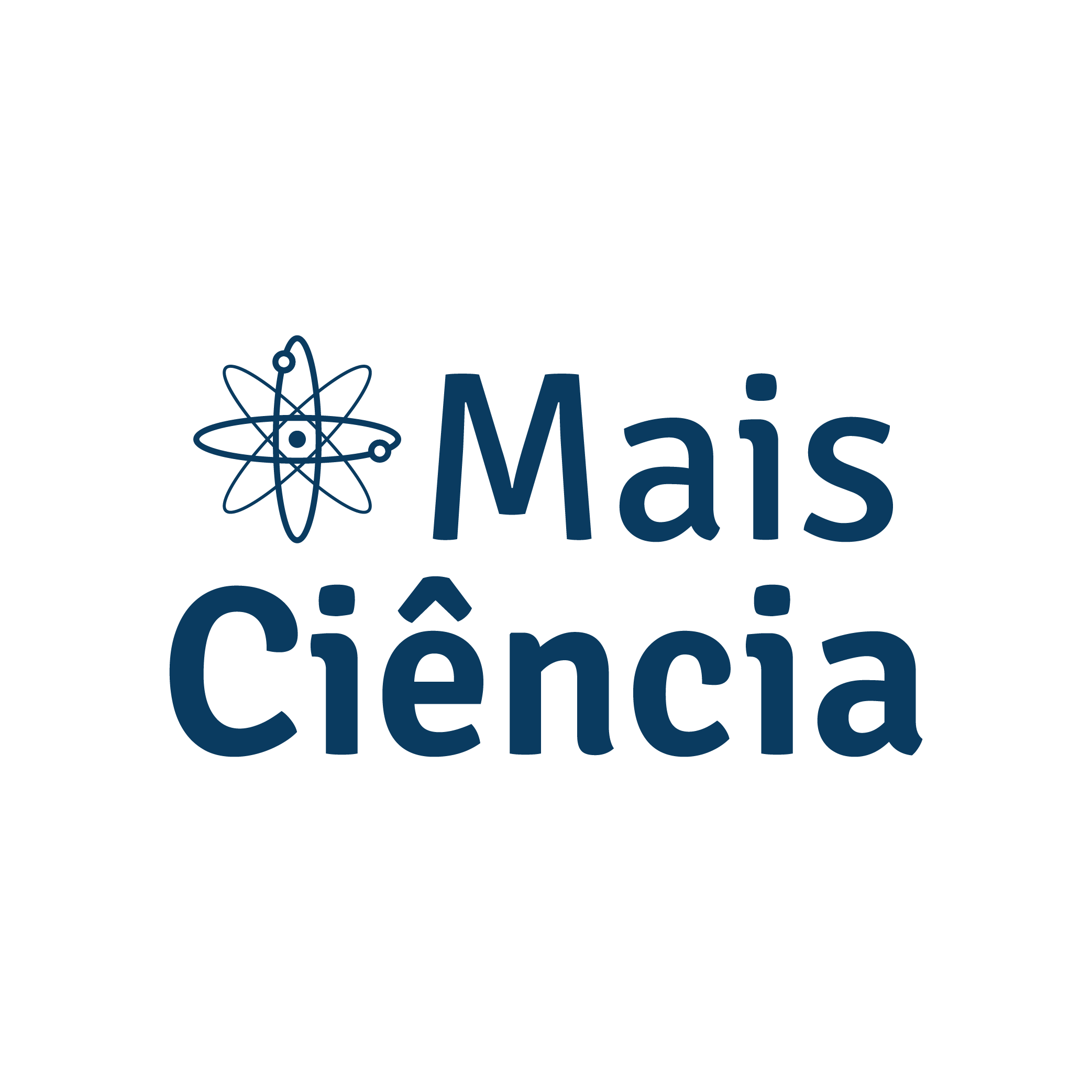 Logo do programa mais ciência da prefeitura de Campos dos Goytacazes, Quadrado com fundo branco com um desenho de um átomo com a trajetória de 4 elétrons, escrito do lado Mais e abaixo Ciência.